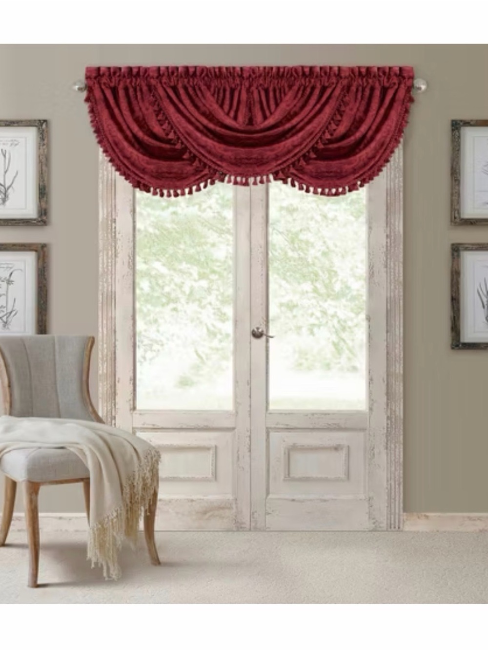 “Antonia” Waterfall Tassel Window Valance 52x36 Rouge Red Damask Blackout NWT